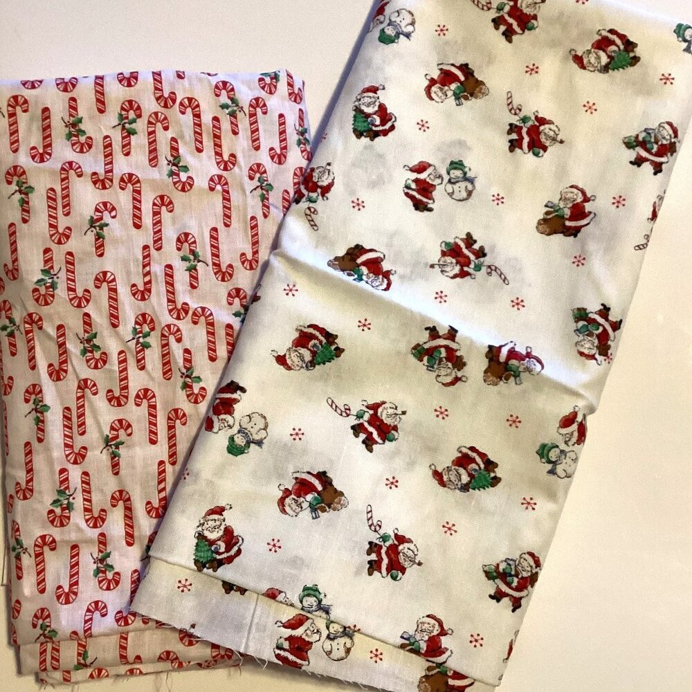 2 Christmas Fabrics Cotton Material Santa Candy Cane Sewing Quilting Crafting